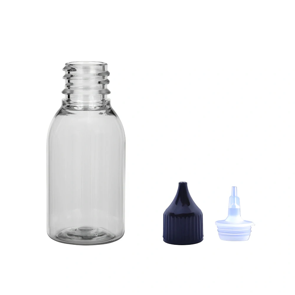 Plastová lahvička čirá široká s černou špičkou Via 25 ml