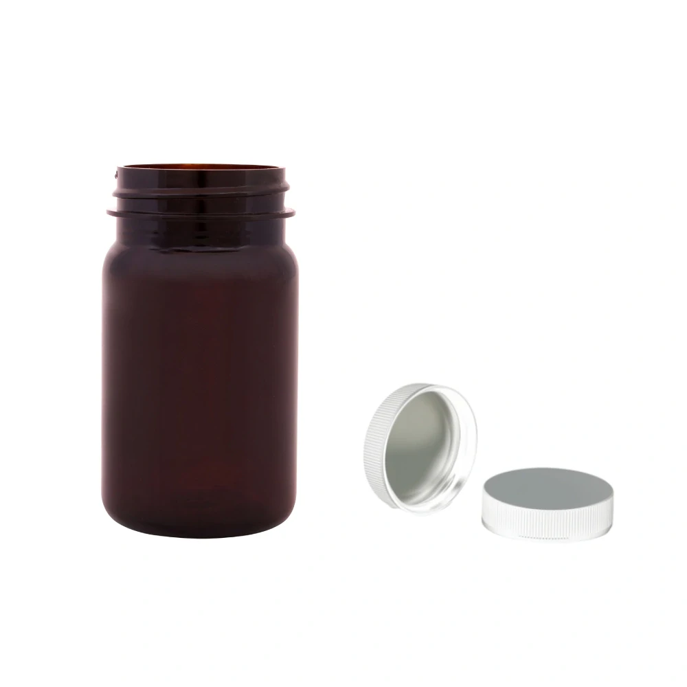 Plastová lahvička hnědá s bílým uzávěrem s ALU vložkou Pilulka 100 ml