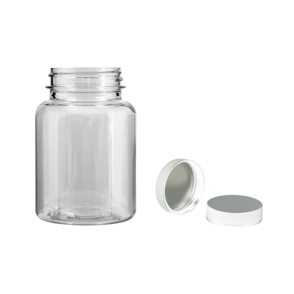 Plastová lahvička čirá s bílým uzávěrem s ALU vložkou Pilulka 150 ml