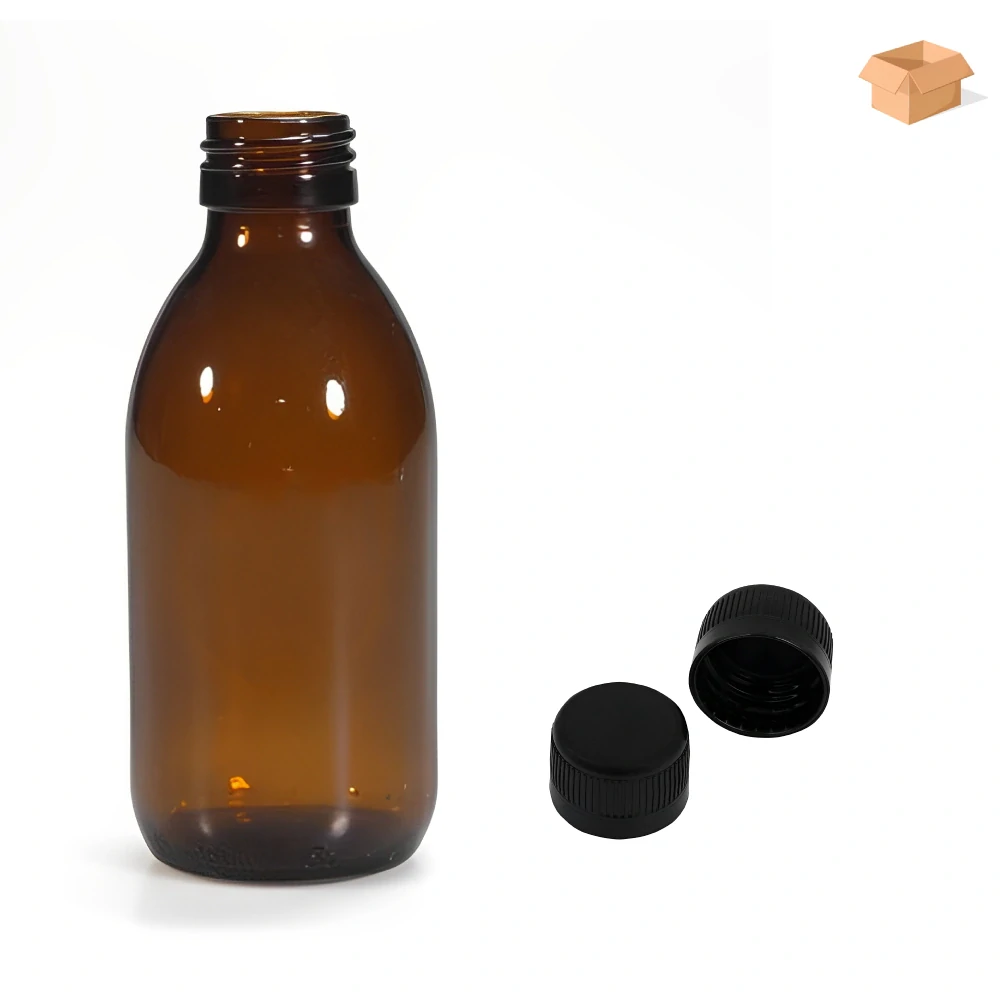 Skleněná lékovka s černým uzávěrem s pojistkou Luna 150 ml - 88 ks