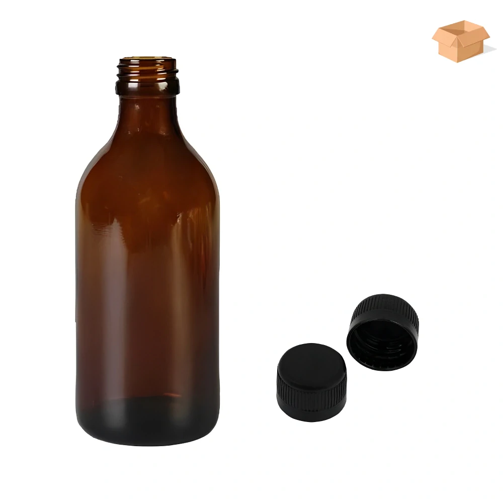 Skleněná lékovka s černým uzávěrem s pojistkou Luna 250 ml - 39 ks