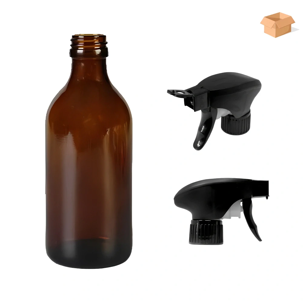 Skleněná lékovka s černým pistolovým rozprašovačem Luna 250 ml - 39 ks