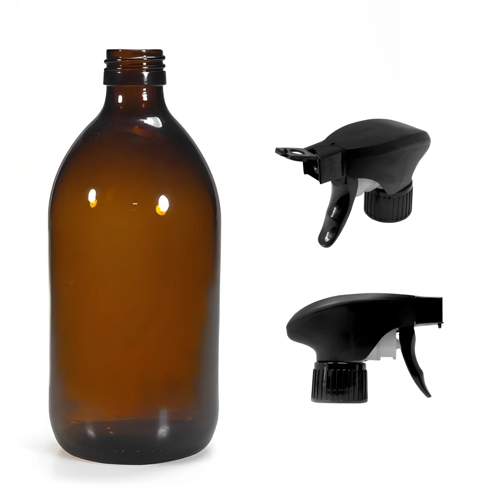 Skleněná lékovka s černým pistolovým rozprašovačem Luna 500 ml