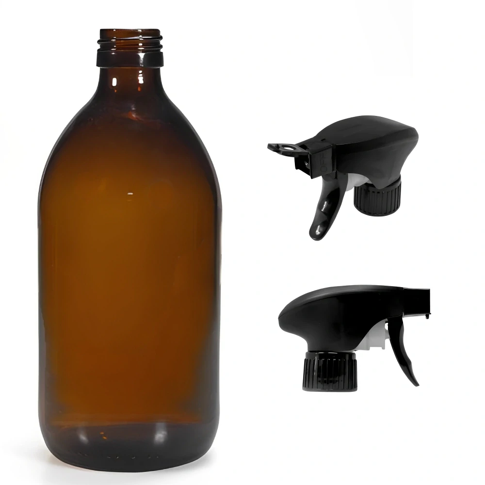 Skleněná lékovka s černým pistolovým rozprašovačem Luna 1000 ml