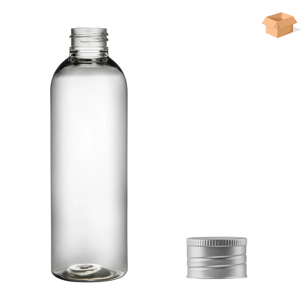 Plastová lahvička čirá se stříbrným uzávěrem Ambra 200 ml - 224 ks