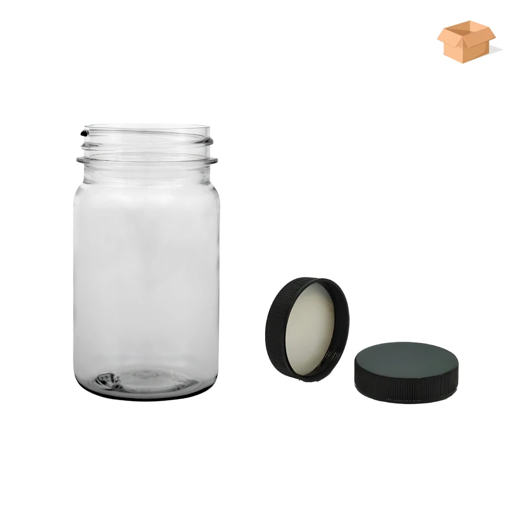 Plastová lahvička čirá s černým uzávěrem Pilulka 100 ml - 390 ks