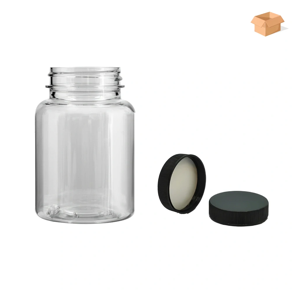Plastová lahvička čirá s černým uzávěrem Pilulka 150 ml - 270 ks
