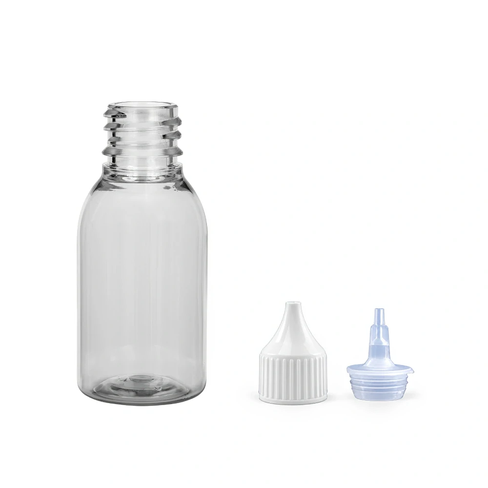Plastová lahvička čirá široká s bílou špičkou Via 25 ml