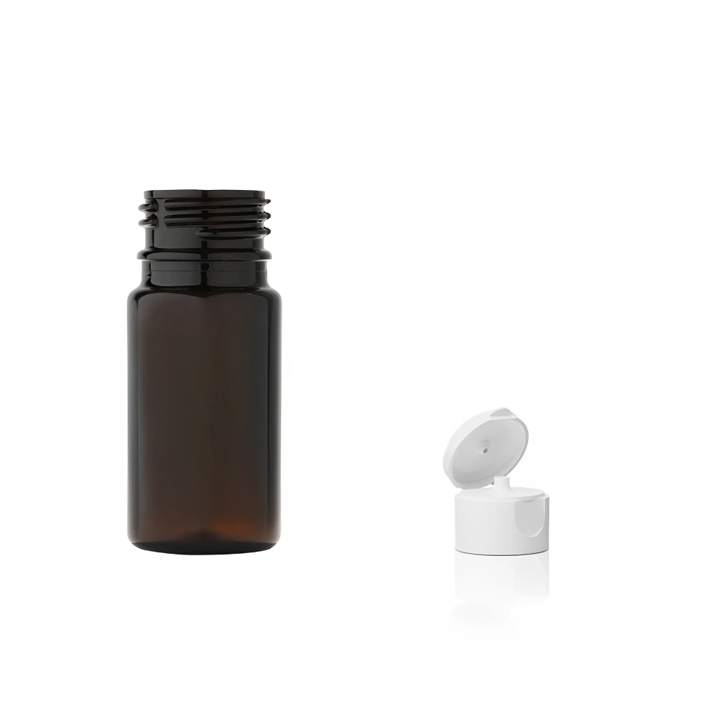 Plastová lahvička hnědá s bílým dávkovacím víčkem Tera 35 ml