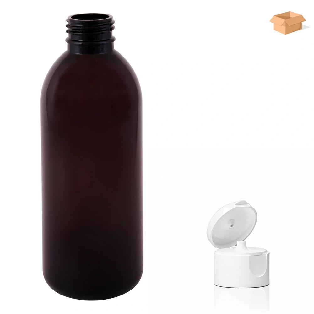 Plastová lahvička hnědá s bílým dávkovacím víčkem Tera 300 ml - 160 ks