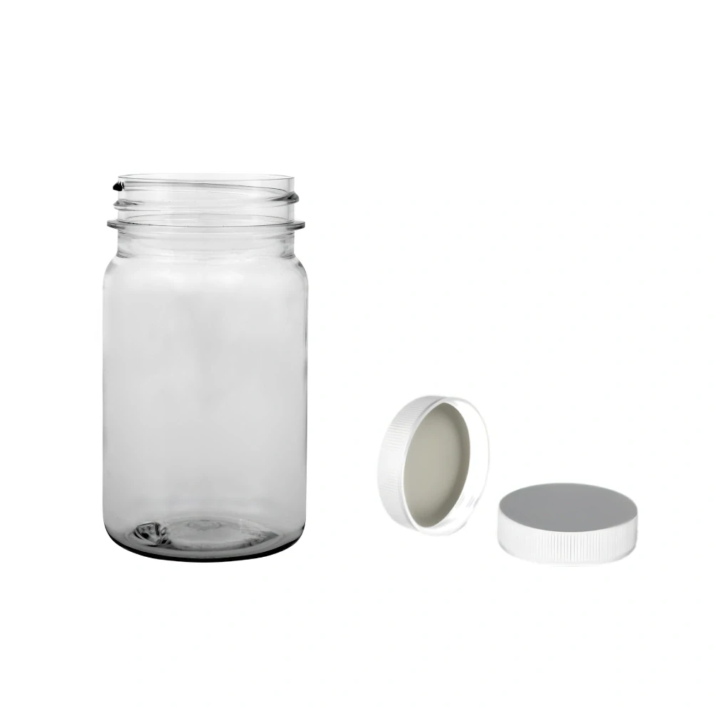 Plastová lahvička čirá s bílým uzávěrem Pilulka 100 ml