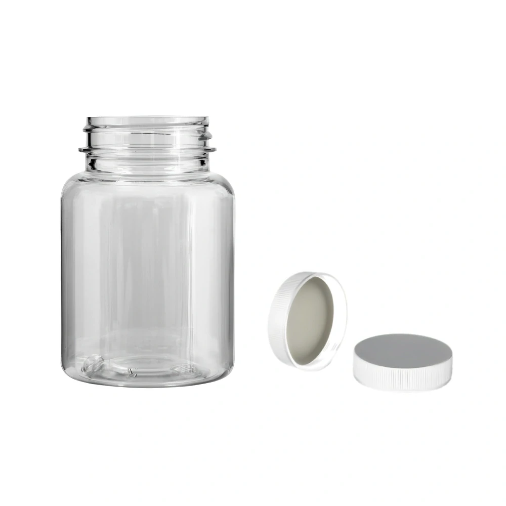 Plastová lahvička čirá s černým uzávěrem Pilulka 150 ml