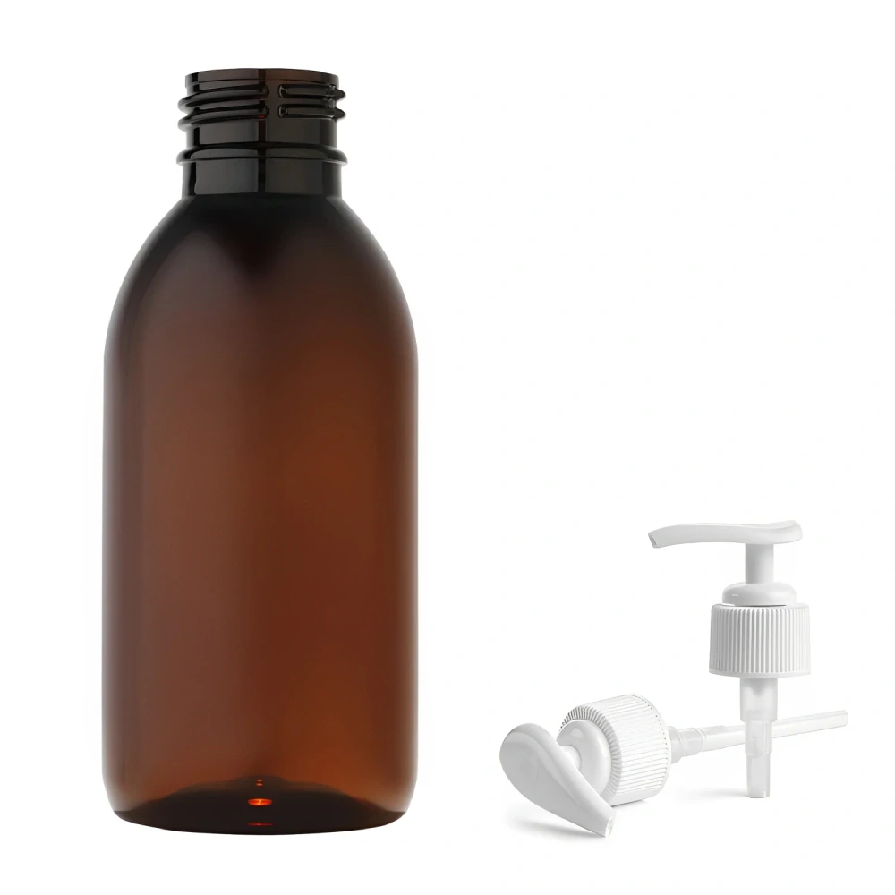 Plastová lahvička hnědá s bílou pumpičkou Tera 150 ml