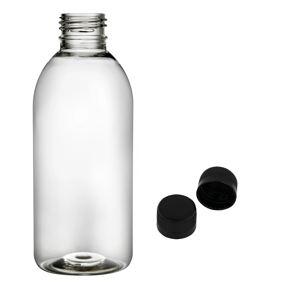 Plastová lahvička čirá s černým uzávěrem Tera 250 ml