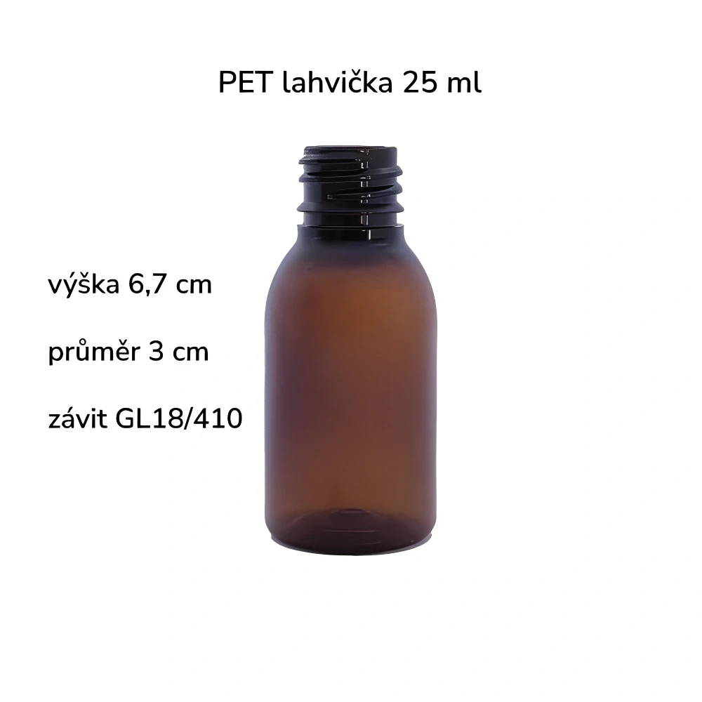 Plastová lahvička hnědá široká s bílým uzávěrem Via 25 ml