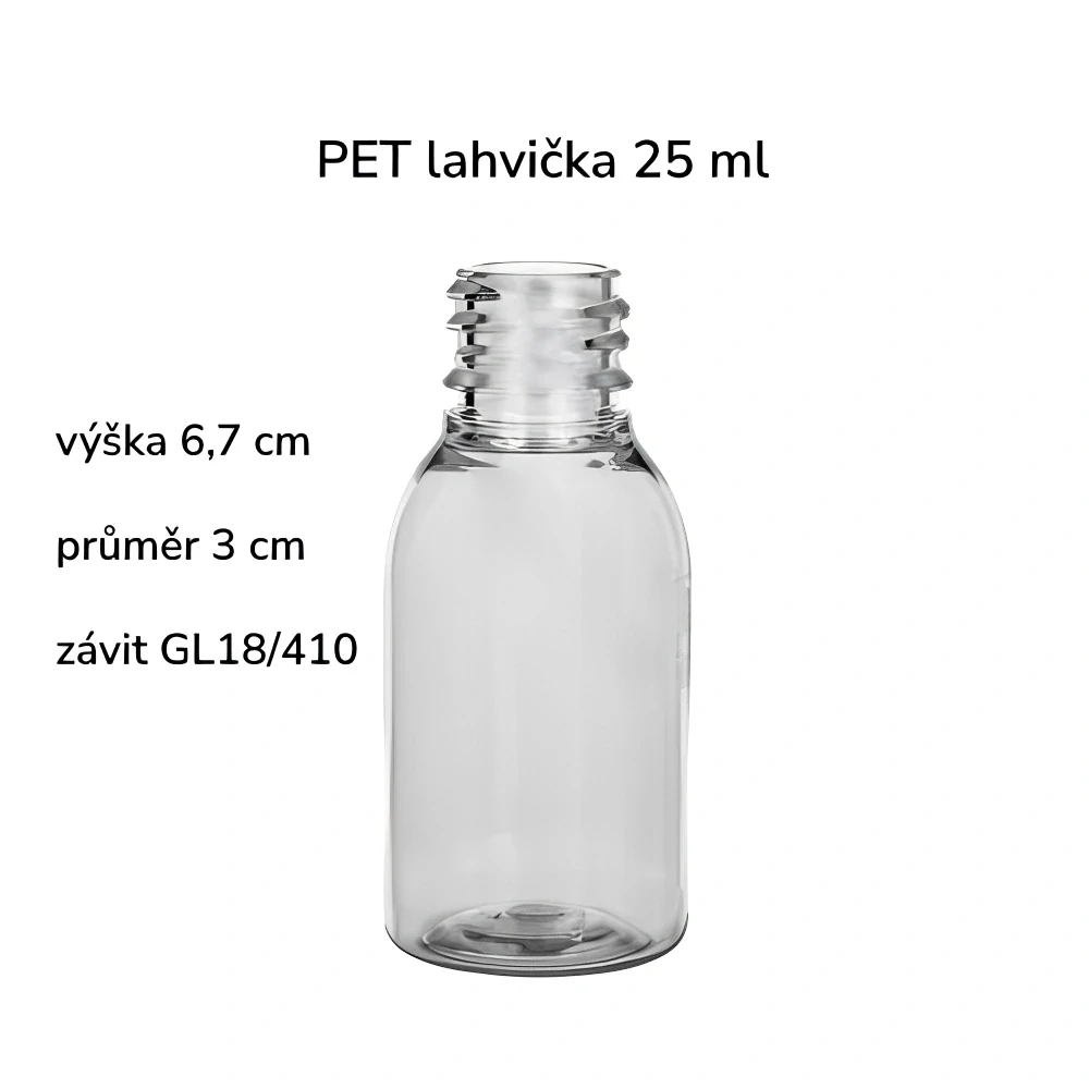 Plastová lahvička čirá široká s ČERNÝM kosmetickým rozprašovačem Via 25 ml