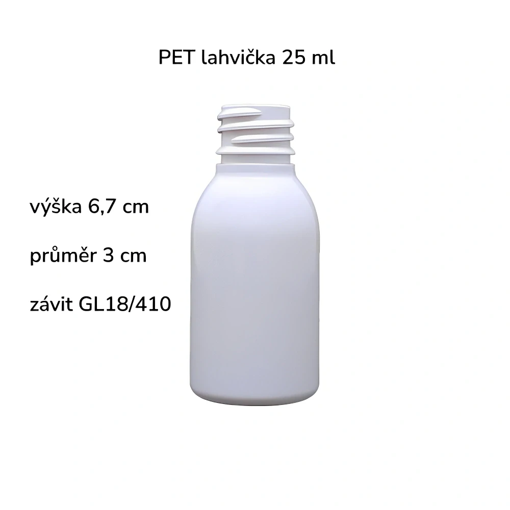 Plastová lahvička bílá široká s ČERNÝM kosmetickým rozprašovačem Via 25 ml