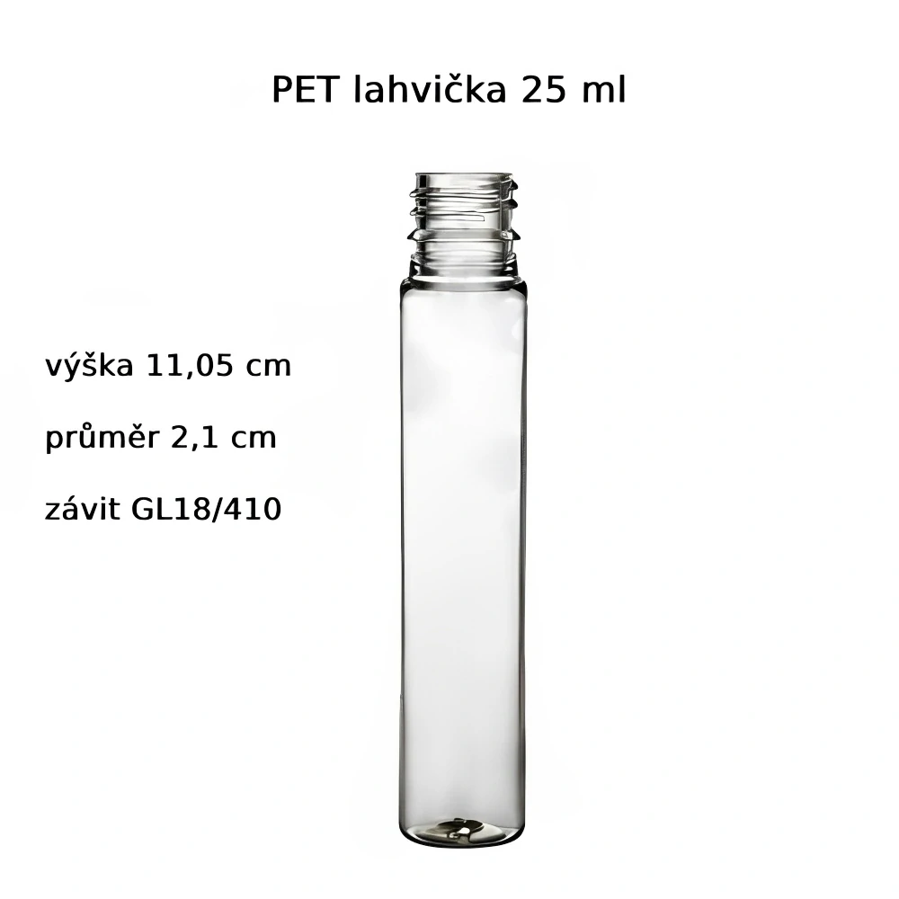 Plastová lahvička čirá vysoká s bílým dávkovacím víčkem Via 25 ml