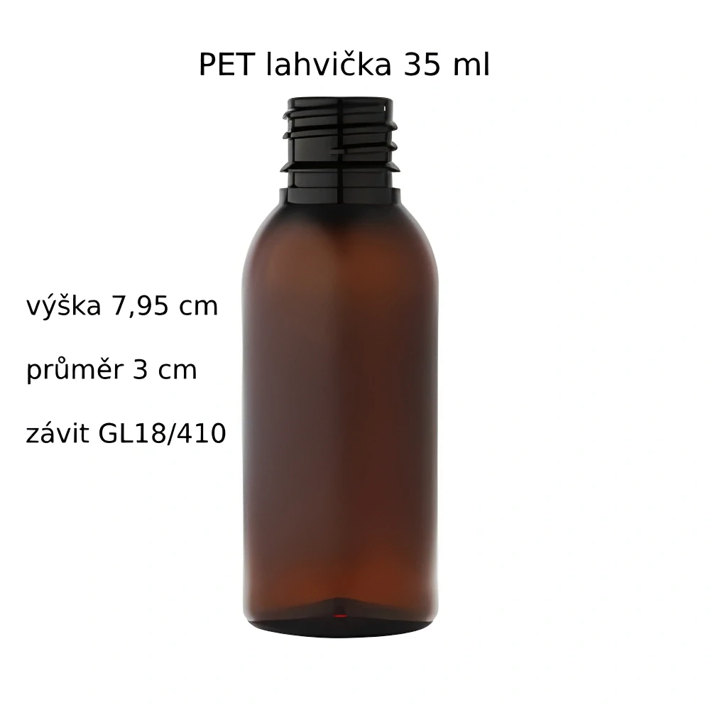 Plastová lahvička hnědá s bílým dávkovacím víčkem Via 35 ml