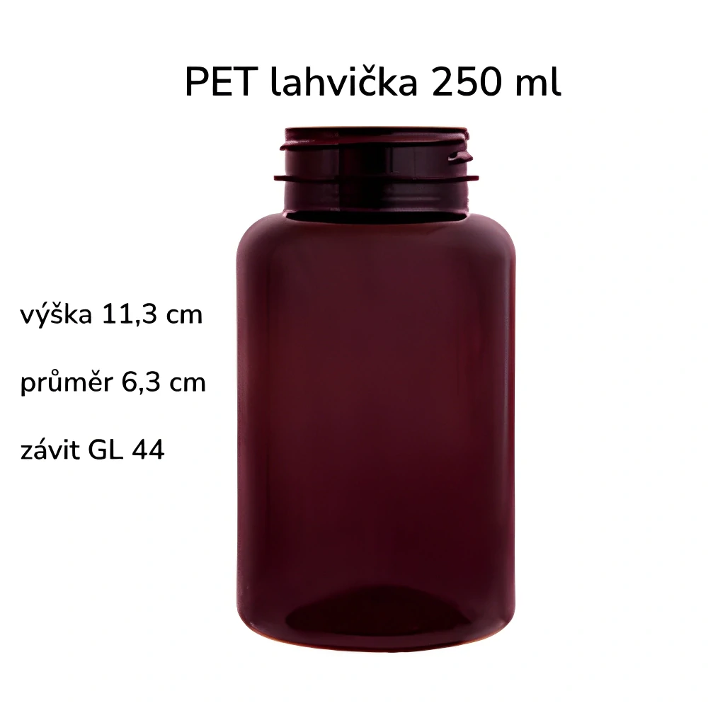 Plastová lahvička hnědá s černým uzávěrem s ALU vložkou Pilulka 250 ml