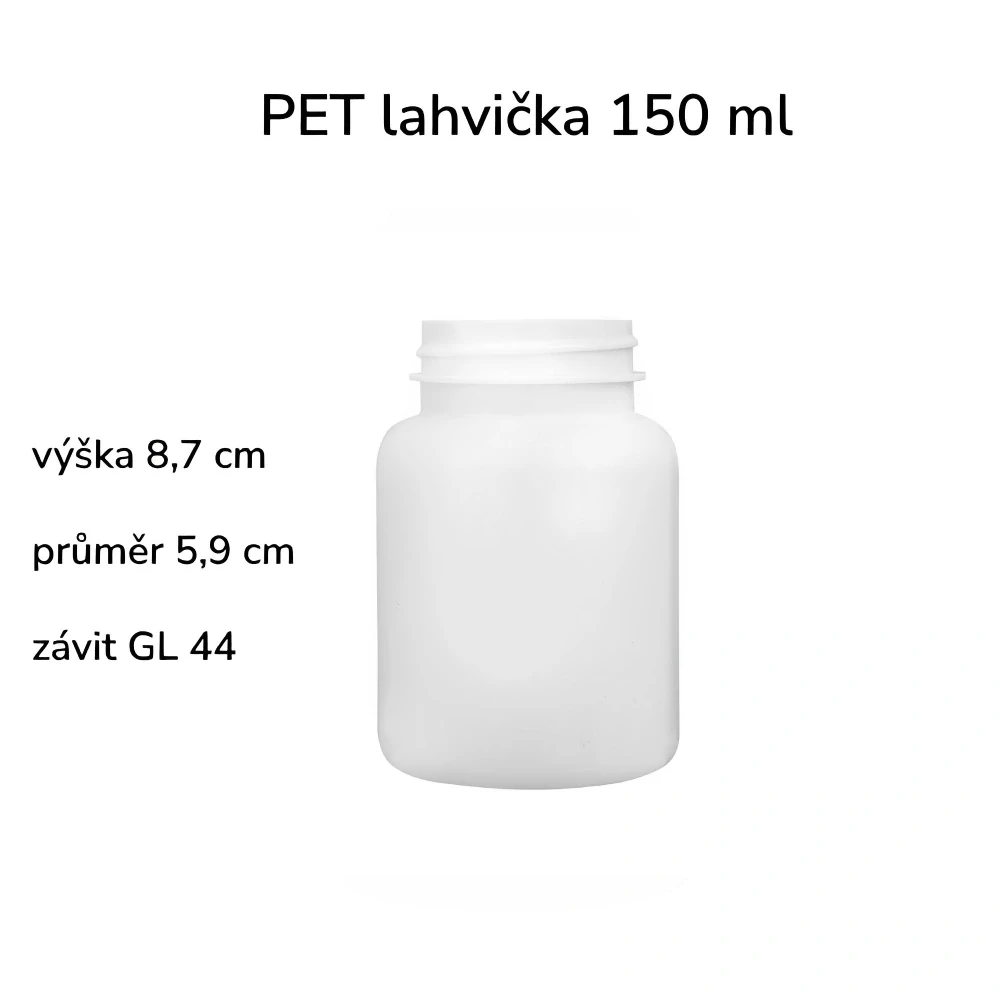 Plastová lahvička bílá s černým uzávěrem s ALU vložkou Pilulka 150 ml
