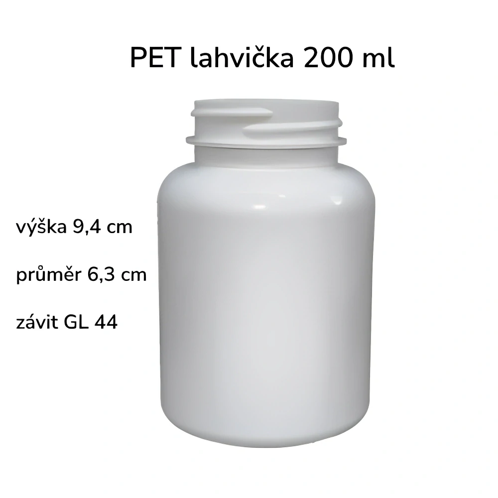 Plastová lahvička bílá s bílým uzávěrem s ALU vložkou Pilulka 200 ml