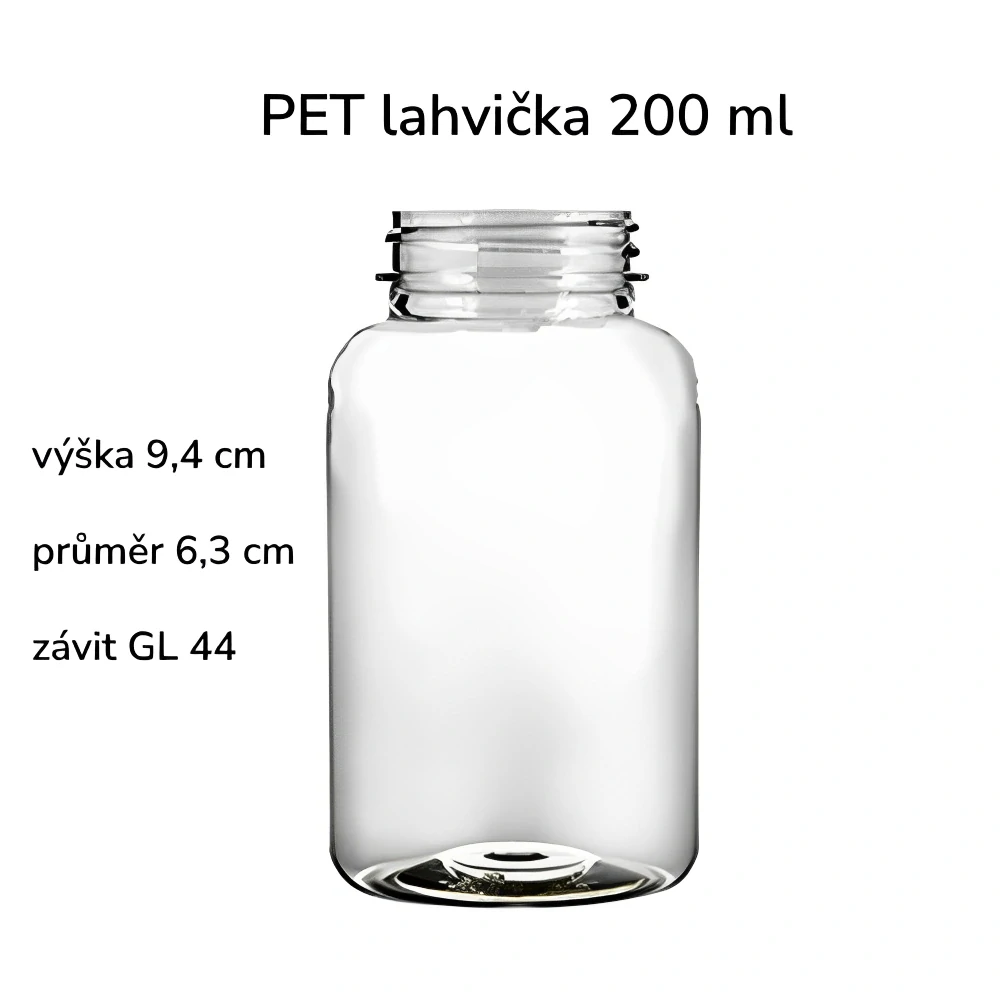 Plastová lahvička čirá s černým uzávěrem Pilulka 200 ml - 225 ks
