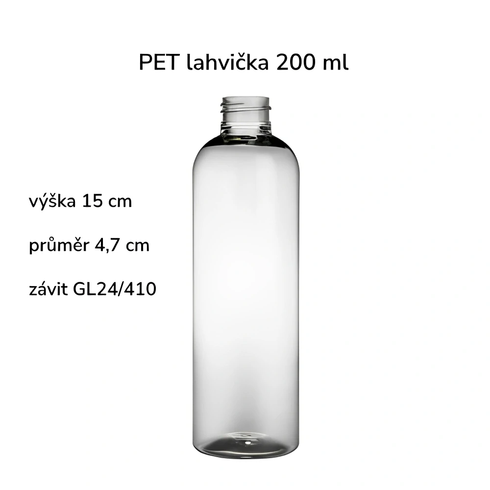 Plastová lahvička čirá se stříbrným uzávěrem Ambra 200 ml