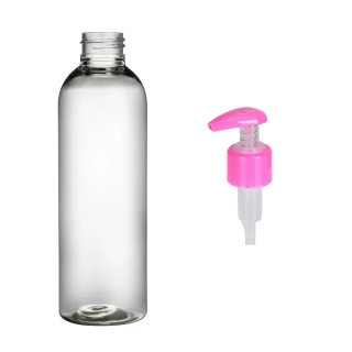 Plastová lahvička čirá s růžovou pumpičkou Ambra 200 ml
