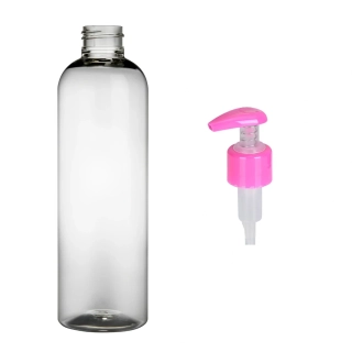 Plastová lahvička čirá s růžovou pumpičkou Ambra 250 ml