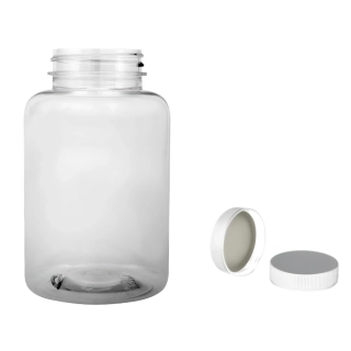 Plastová lahvička čirá s bílým uzávěrem Pilulka 300 ml