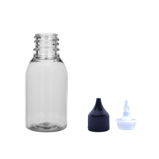 Plastová lahvička čirá široká s černou špičkou Via 25 ml