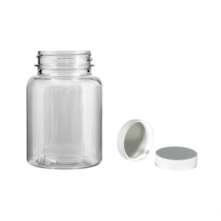 Plastová lahvička čirá s bílým uzávěrem s ALU vložkou Pilulka 150 ml