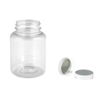 Plastová lahvička čirá s bílým uzávěrem s ALU vložkou Pilulka 200 ml
