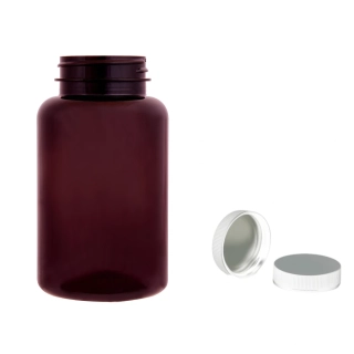 Plastová lahvička hnědá s bílým uzávěrem s ALU vložkou Pilulka 250 ml