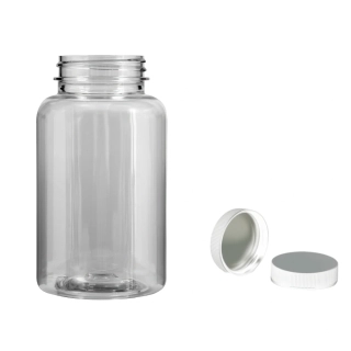 Plastová lahvička čirá s bílým uzávěrem s ALU vložkou Pilulka 250 ml