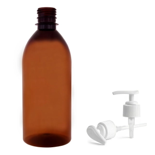 Plastová lahvička hnědá s bílou pumpičkou Tera 500 ml