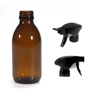Skleněná lékovka s černým pistolovým rozprašovačem Luna 150 ml