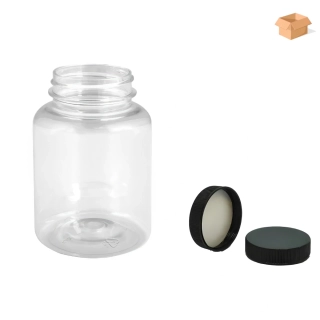 Plastová lahvička čirá s černým uzávěrem Pilulka 200 ml - 225 ks