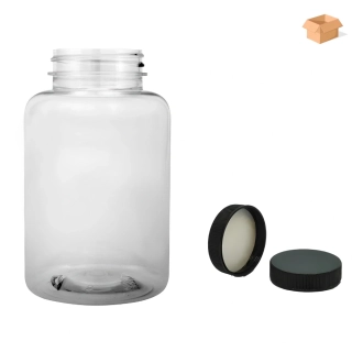 Plastová lahvička čirá s černým uzávěrem Pilulka 300 ml - 150 ks