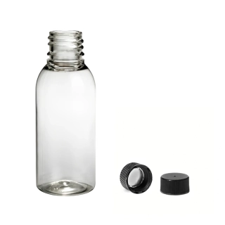 Plastová lahvička čirá s černým uzávěrem Via 35 ml