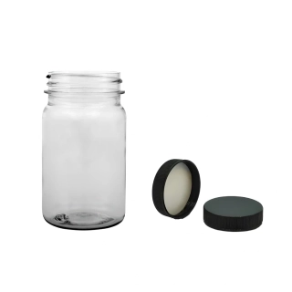 Plastová lahvička čirá s černým uzávěrem Pilulka 100 ml