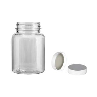 Plastová lahvička čirá s bílým uzávěrem Pilulka 150 ml