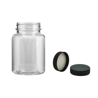 Plastová lahvička čirá s černým uzávěrem Pilulka 150 ml