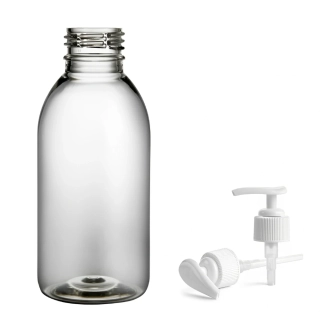 Plastová lahvička čirá s bílou pumpičkou Tera 150 ml