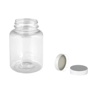 Plastová lahvička čirá s bílým uzávěrem Pilulka 200 ml