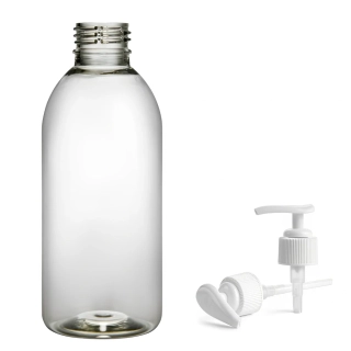 Plastová lahvička čirá s bílou pumpičkou Tera 200 ml