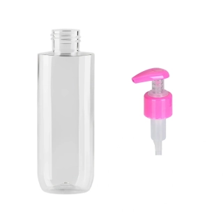 Plastová lahvička čirá s růžovou pumpičkou Ambra 150 ml