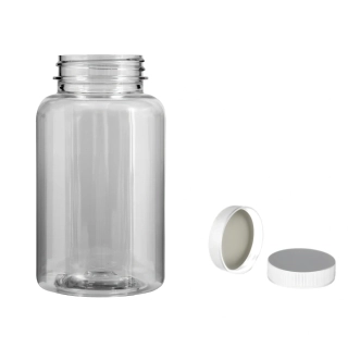 Plastová lahvička čirá s bílým uzávěrem Pilulka 250 ml